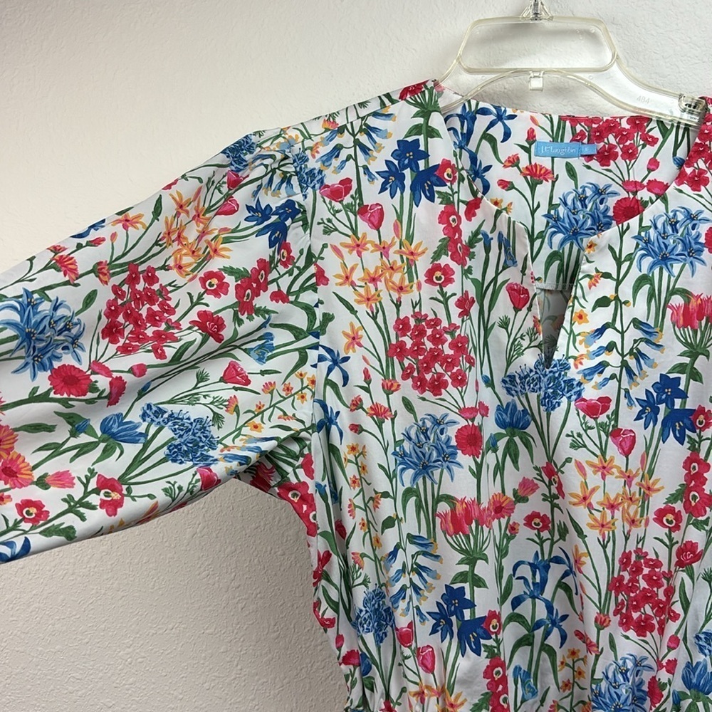 J. McLaughlin spring floral cotton pull on dress, drawstring waist long sleeves - Picture 10 of 12